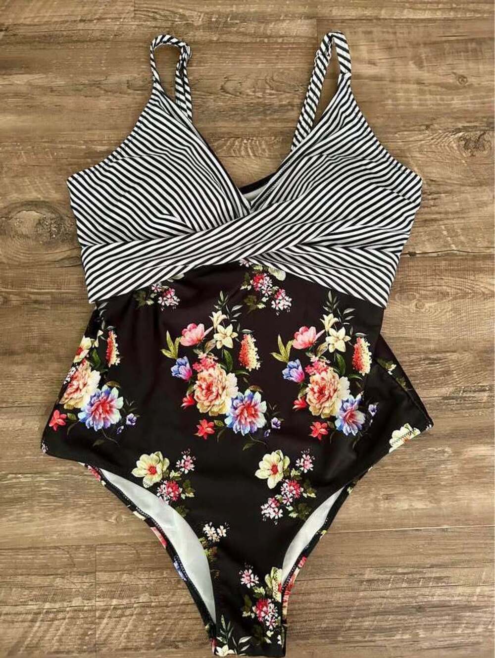 Floral and Striped One-Piece Swimsuit - Size Large